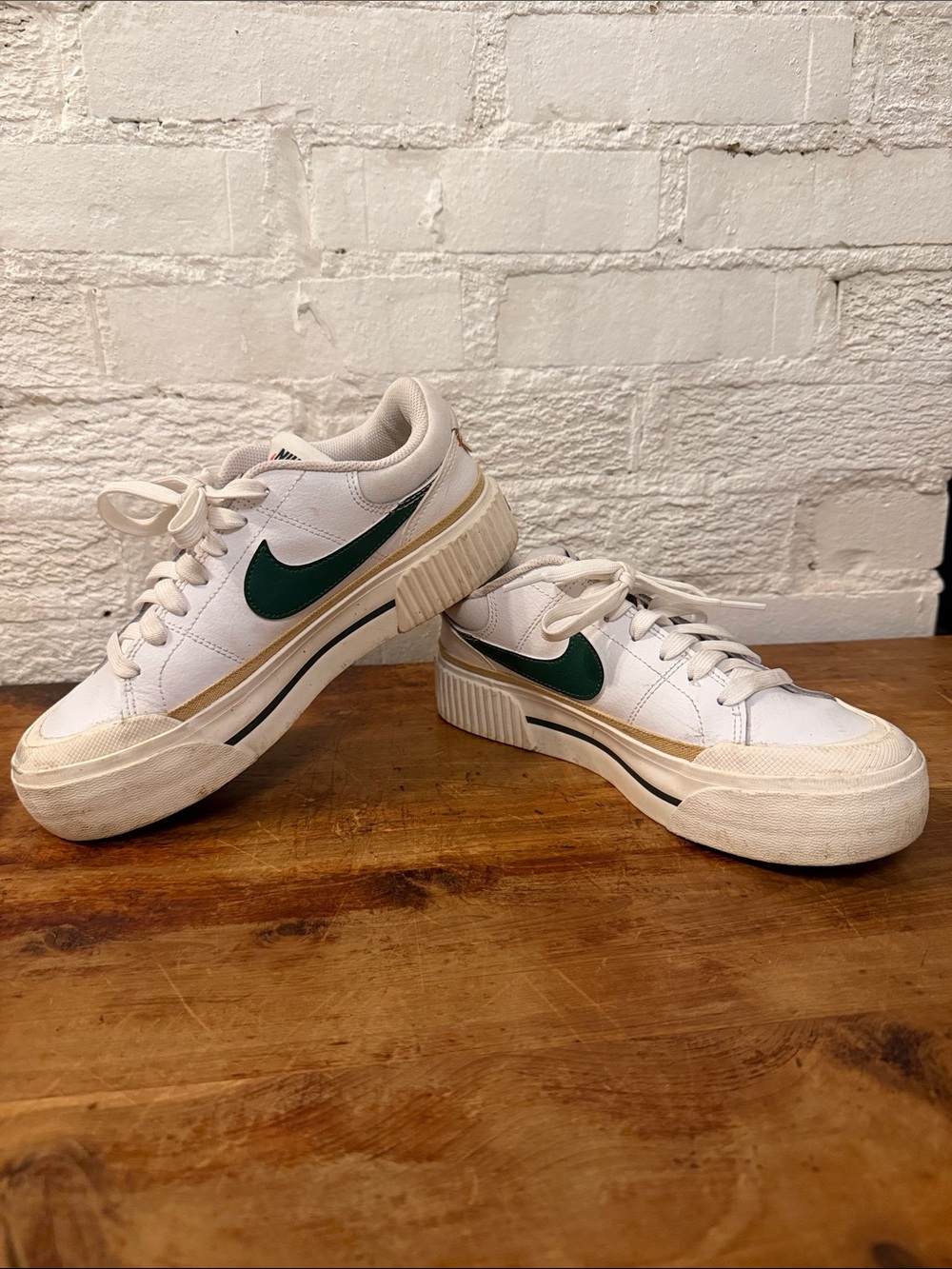Nike White Women's Platform Sneakers with Dark Green Swoosh